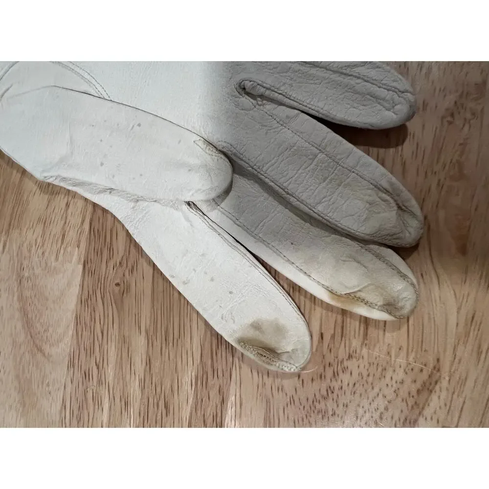 Vintage Dainty Leather Gloves White w Embroidered Floral Small JL
